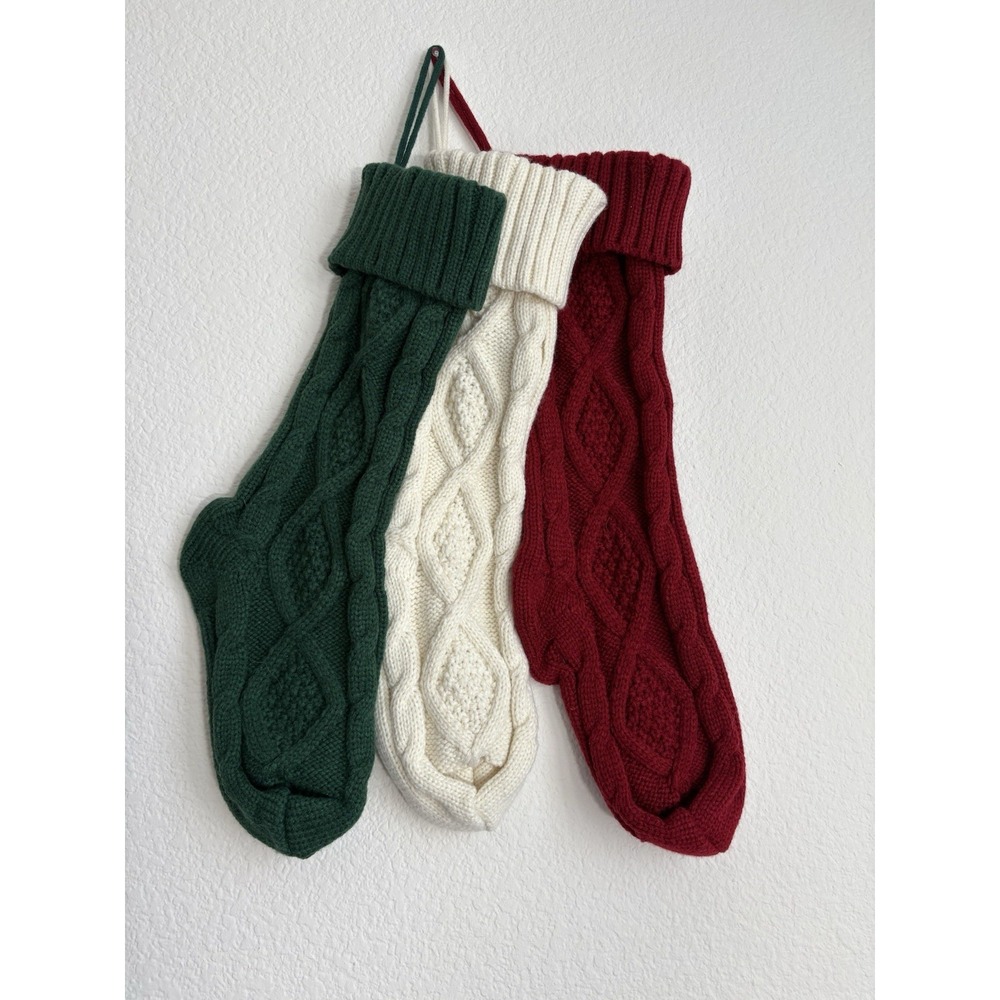 Set of 3 Cable Knit Christmas Stockings Red White Green Holiday Mantel Decor